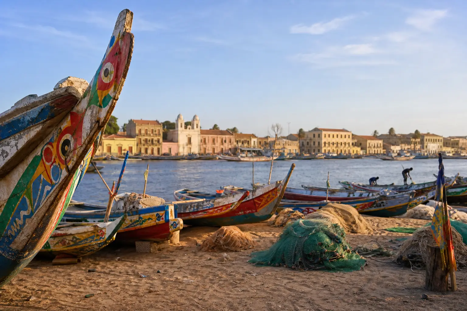 Pirogues colorées et filets sur la rive à Saint-Louis
