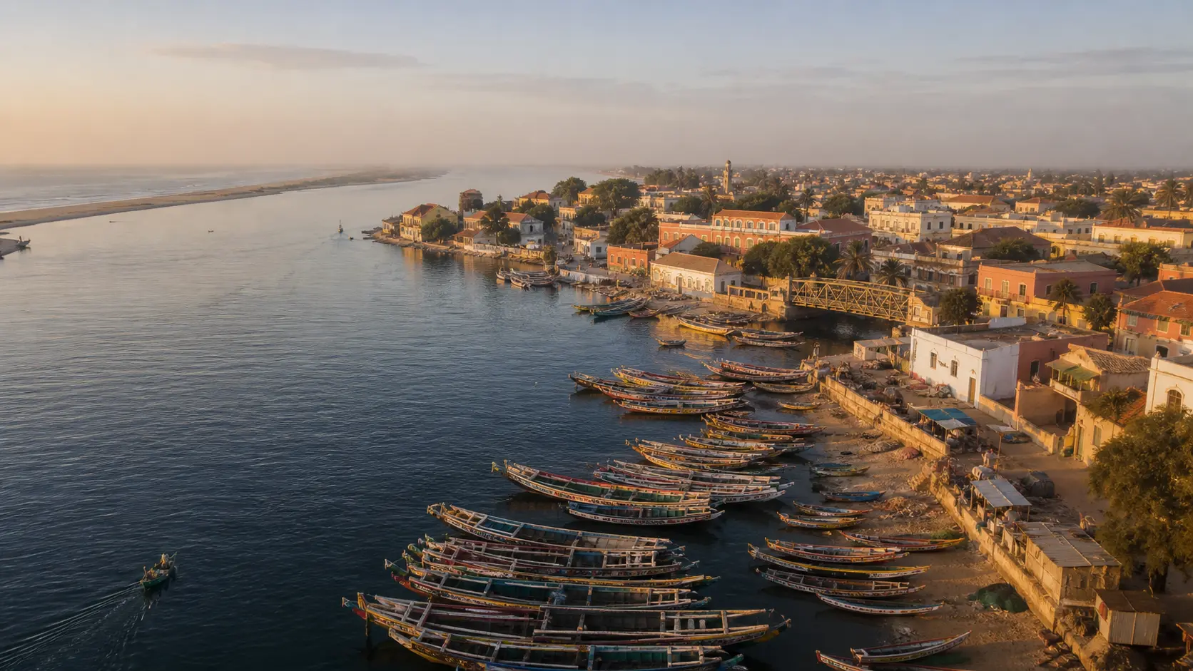 Vue aérienne artistique du port de Saint-Louis et de ses pirogues au lever du soleil
